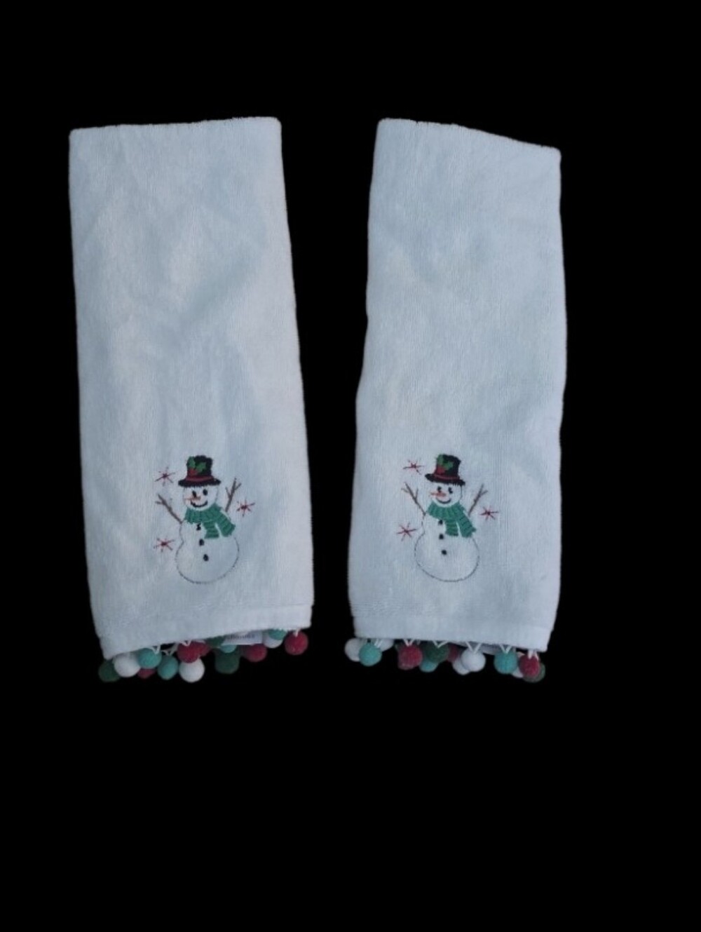 White Towel with Snowman And  Multicolor Pom Accent